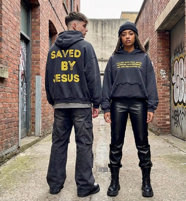 Jesus Saved Me/ Reverse Pocket Design Distressed Hoodie